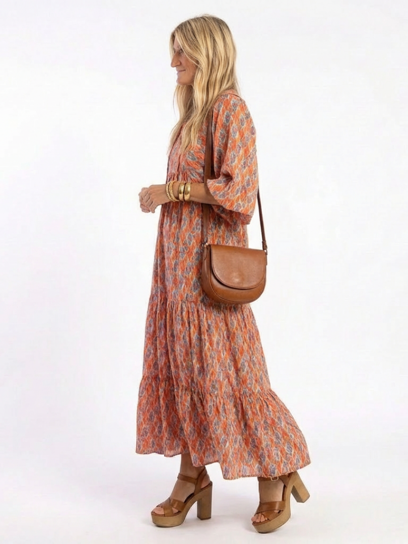 AMARA | GEOMETRIC PRINT V NECK TIERED MIDI DRESS - Maison Léa & Lou