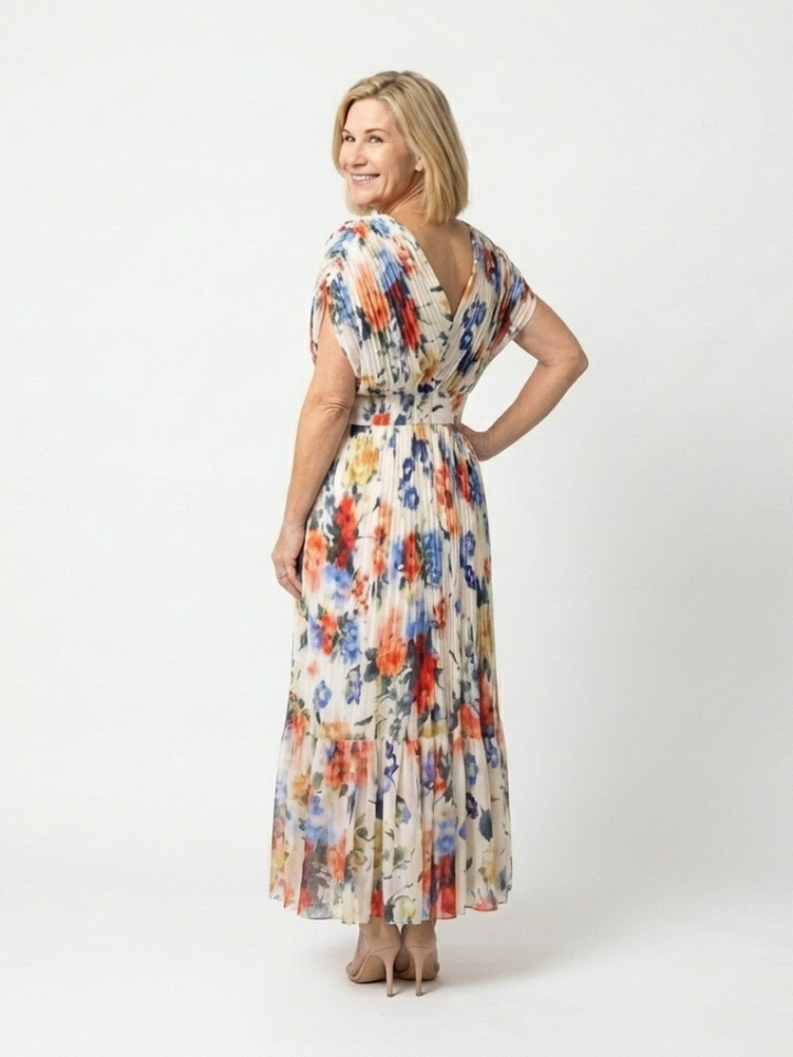 Savannah | Short Sleeve Pleated Floral Midi Dress - Maison Léa &amp; Lou