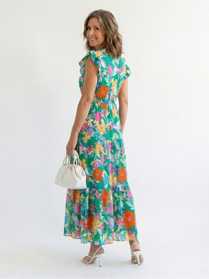 Lila | Floral V-Neck Tiered Midi Dress - Maison Léa &amp; Lou
