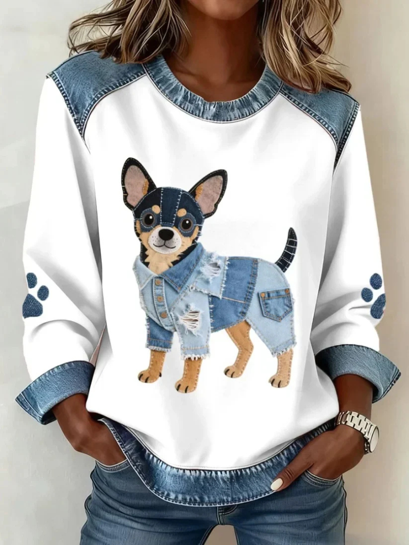 Trinity™ | Denim Accent Dog Print Top - Maison Léa &amp; Lou