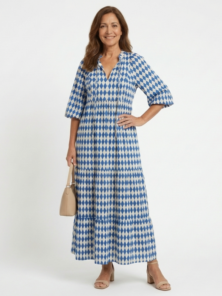 Elodie | Diamond Print Tiered Midi Dress - Maison Léa &amp; Lou