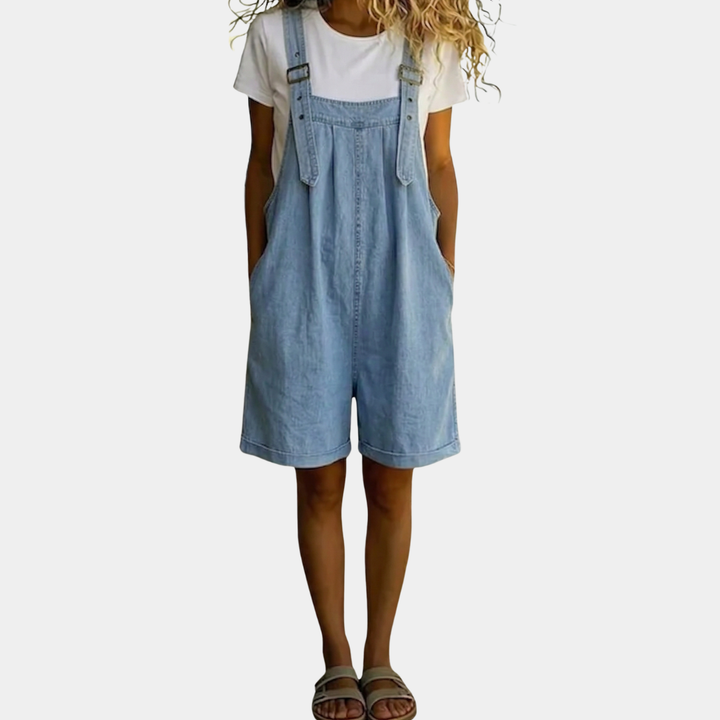 Clara | Vintage Washed Soft Cotton Feel Denim Short Overall Light blue - Maison Léa &amp; Lou
