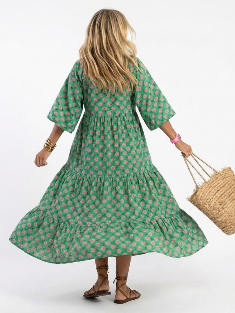 FIORA | FLORAL PRINT V NECK TIERED MIDI DRESS - Maison Léa &amp; Lou
