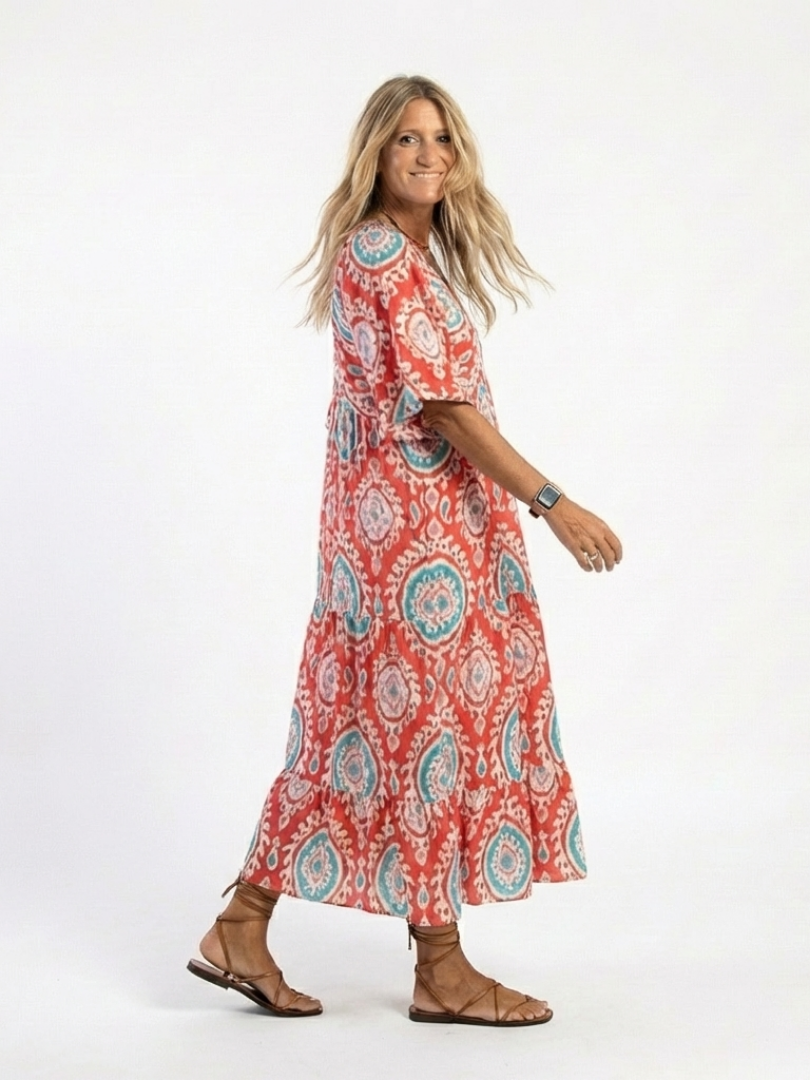 ZARIA | PAISLEY PRINT V NECK SHORT SLEEVE MIDI DRESS - Maison Léa & Lou