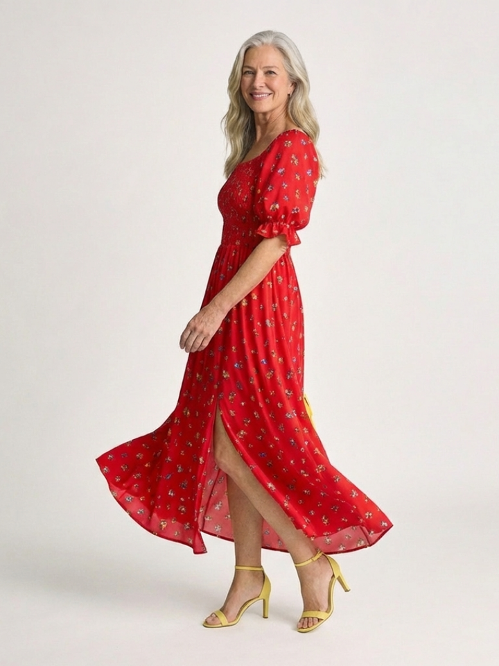 Delphine | Square Neck Floral Puff Sleeve Midi Dress - Maison Léa &amp; Lou