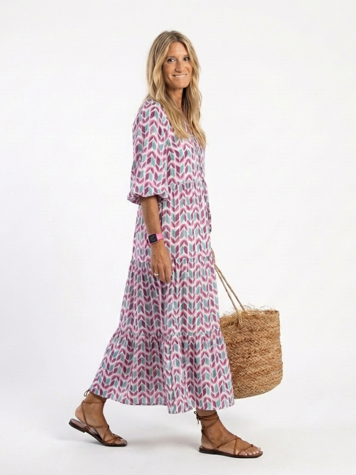 MIREYA | GEOMETRIC PRINT LONG SLEEVE TIERED MIDI DRESS - Maison Léa &amp; Lou