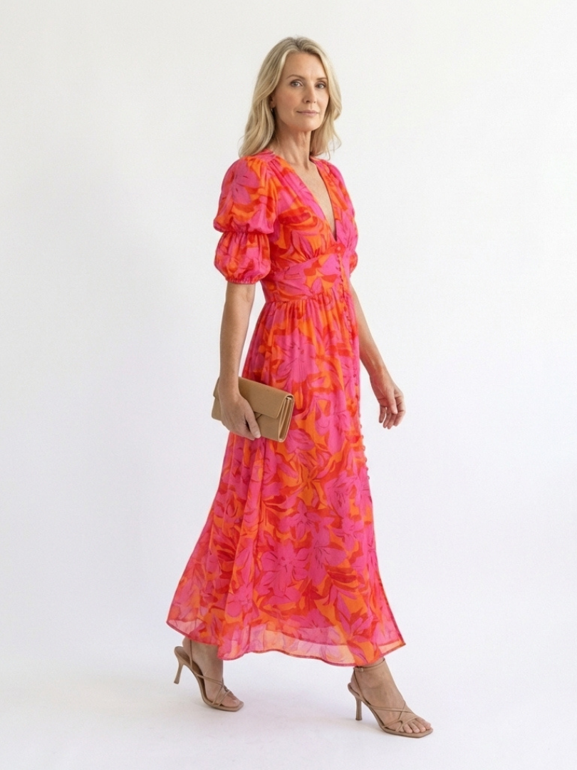 Willow | Floral V Neck Puff Sleeve Midi Dress - Maison Léa &amp; Lou