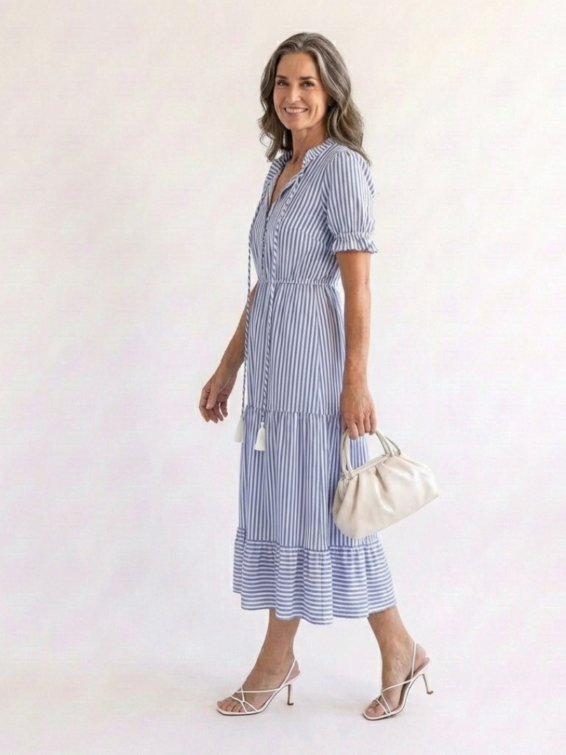 Dakota | Short Sleeve Striped Tiered Midi Dress - Maison Léa &amp; Lou
