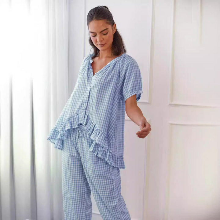 NEVERLAND™ - Casual Plaid Puff Sleeve Top and Pants Set - Maison Léa &amp; Lou