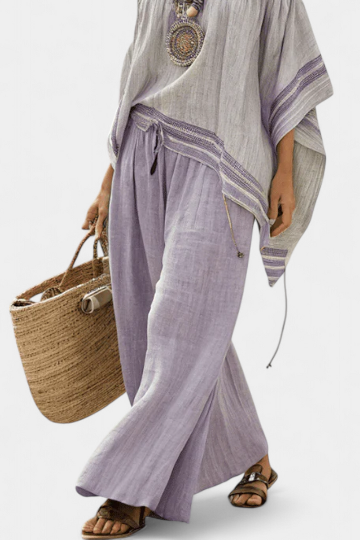 Zandrel | Elegant Off-Shoulder Top &amp; Wide-Leg Striped Pants - Maison Léa &amp; Lou