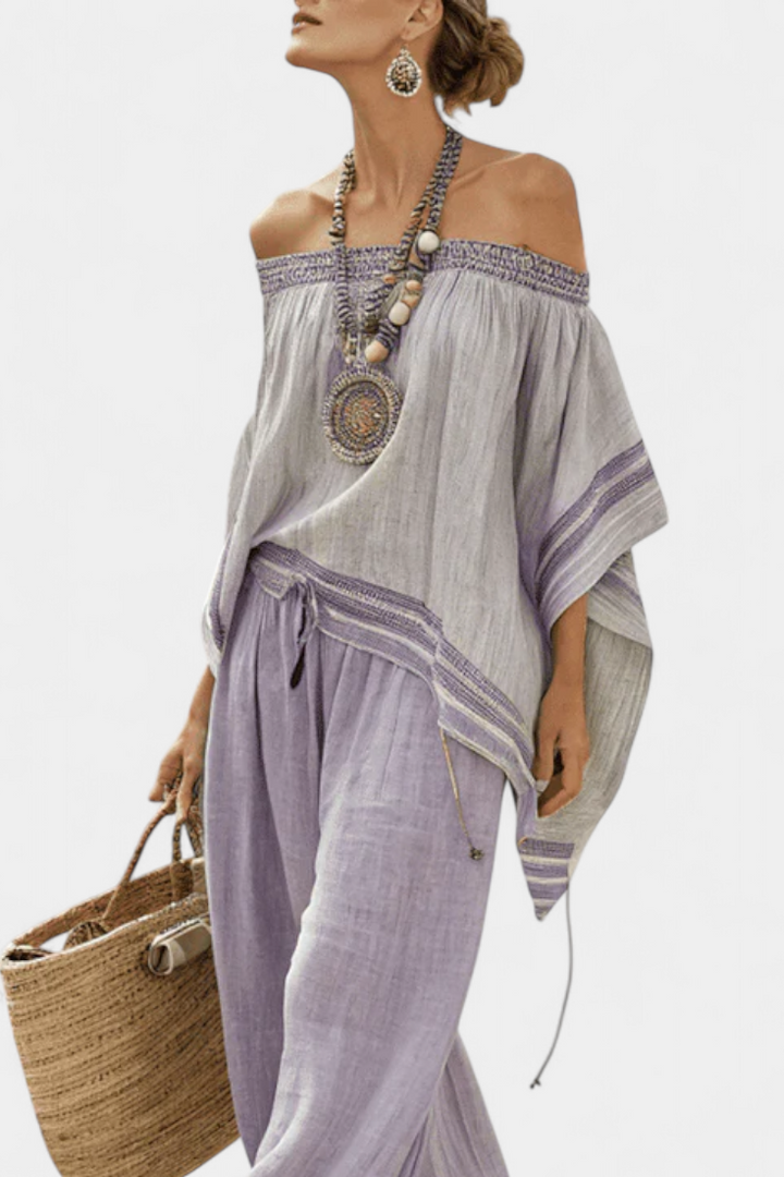 Zandrel | Elegant Off-Shoulder Top &amp; Wide-Leg Striped Pants - Maison Léa &amp; Lou