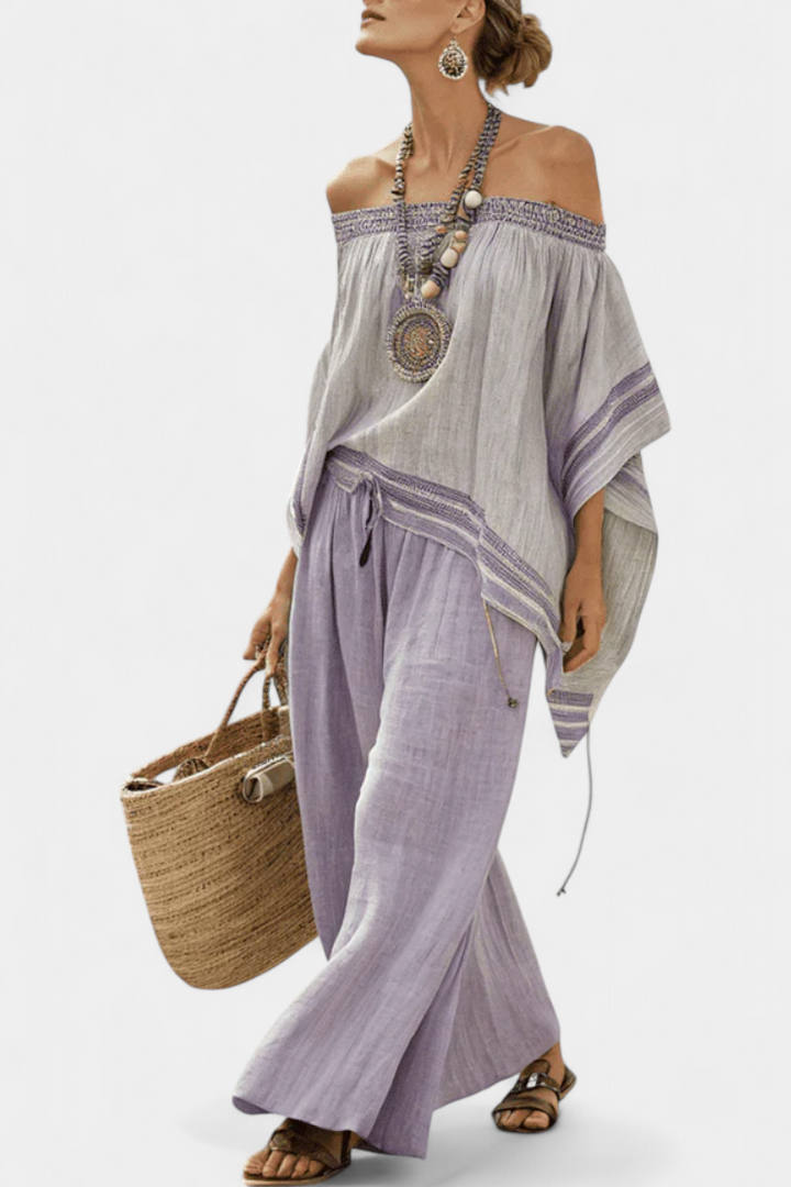 Zandrel | Elegant Off-Shoulder Top &amp; Wide-Leg Striped Pants - Maison Léa &amp; Lou