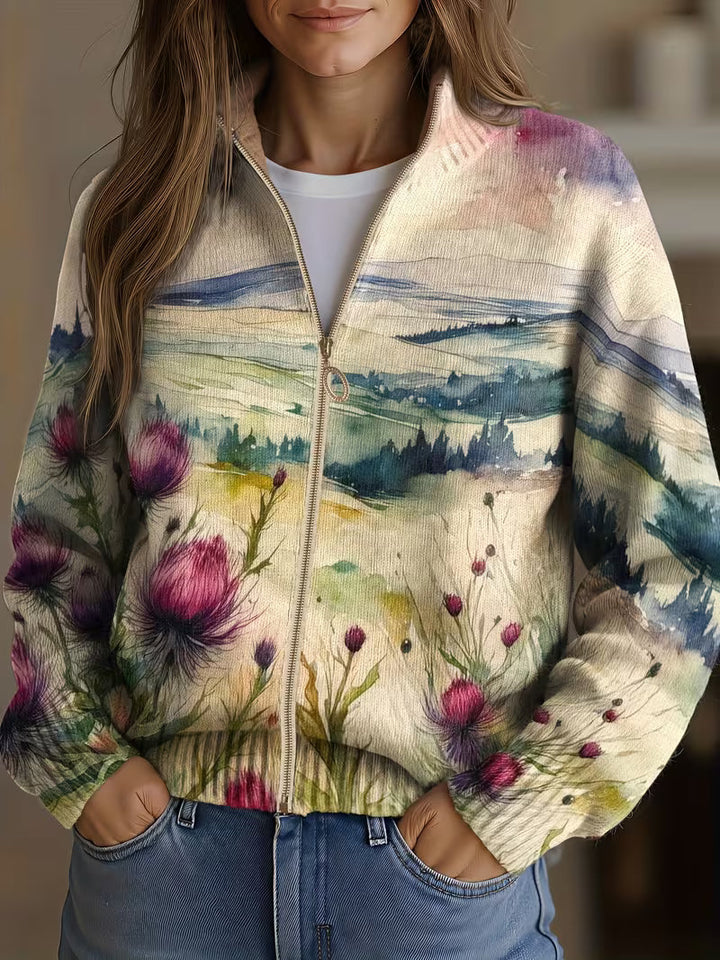 Zelda™ | Scottish Thistle Landscape Zip Cardigan - Maison Léa &amp; Lou