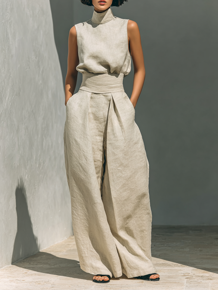 Set composto da camicetta senza maniche e pantaloni a gamba larga in misto cotone e lino.