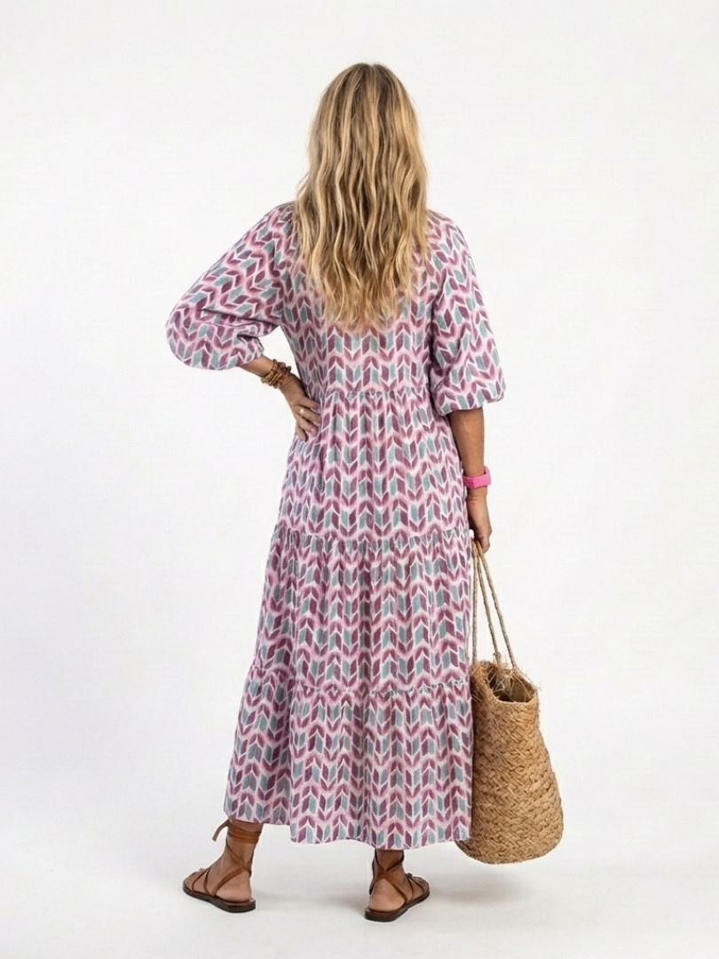 MIREYA | GEOMETRIC PRINT LONG SLEEVE TIERED MIDI DRESS - Maison Léa &amp; Lou