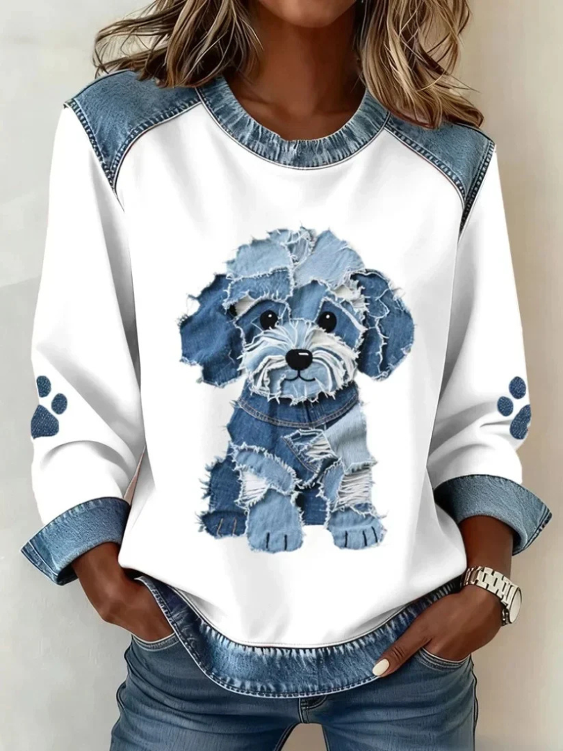 Trinity™ | Denim Accent Dog Print Top - Maison Léa &amp; Lou