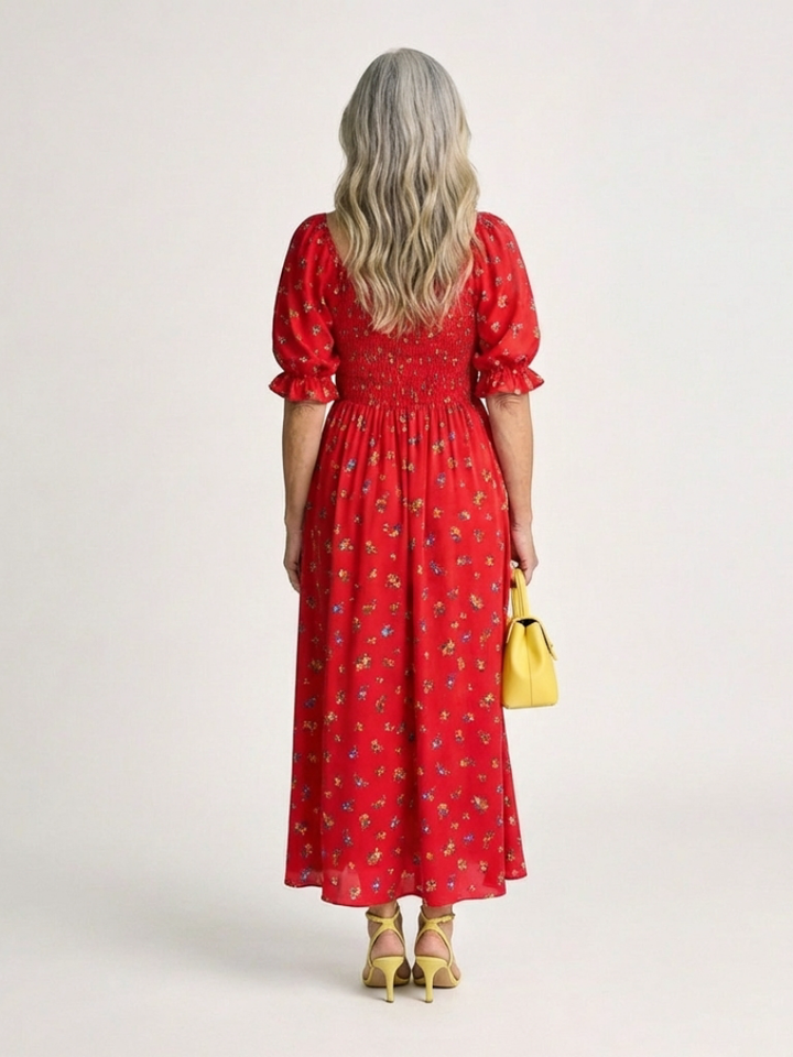Delphine | Square Neck Floral Puff Sleeve Midi Dress - Maison Léa &amp; Lou