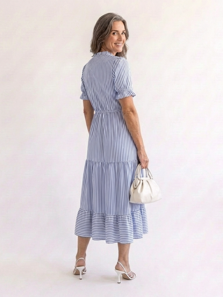 Dakota | Short Sleeve Striped Tiered Midi Dress - Maison Léa &amp; Lou