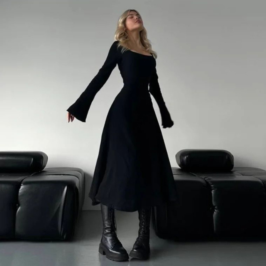 CILICIA™ - Classy Plain Flounce Long Sleeve Square Neck A-Line Maxi Dress - Maison Léa & Lou