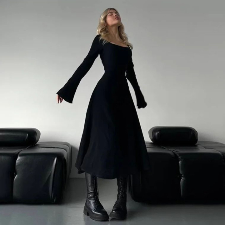 CILICIA™ - Classy Plain Flounce Long Sleeve Square Neck A-Line Maxi Dress - Maison Léa &amp; Lou