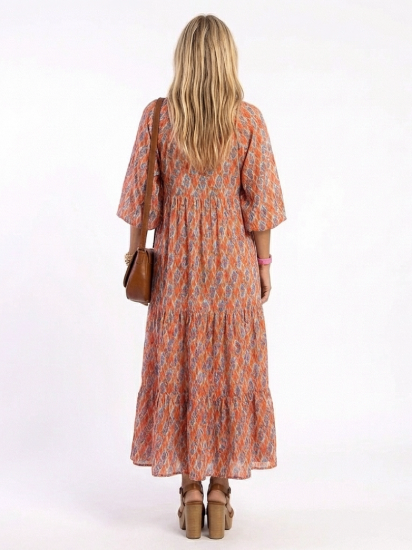 AMARA | GEOMETRIC PRINT V NECK TIERED MIDI DRESS - Maison Léa &amp; Lou