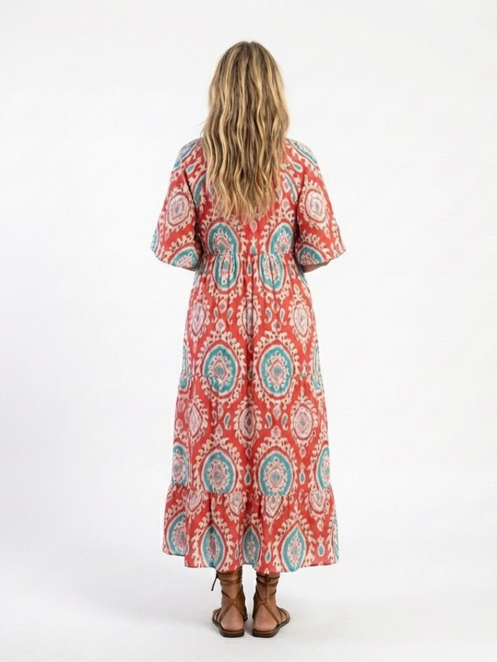 ZARIA | PAISLEY PRINT V NECK SHORT SLEEVE MIDI DRESS - Maison Léa &amp; Lou