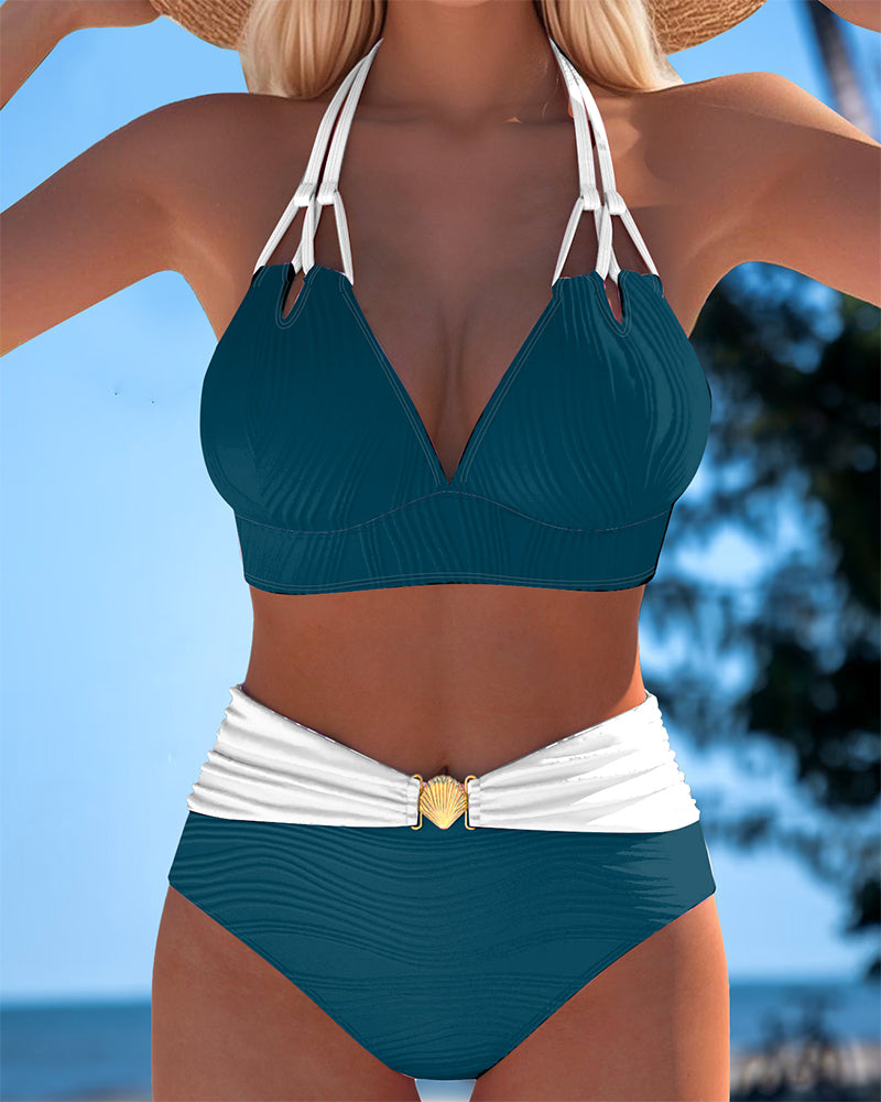 Lily™ | High Waisted Double Strap Swimsuit with Contrast Color - Maison Léa &amp; Lou