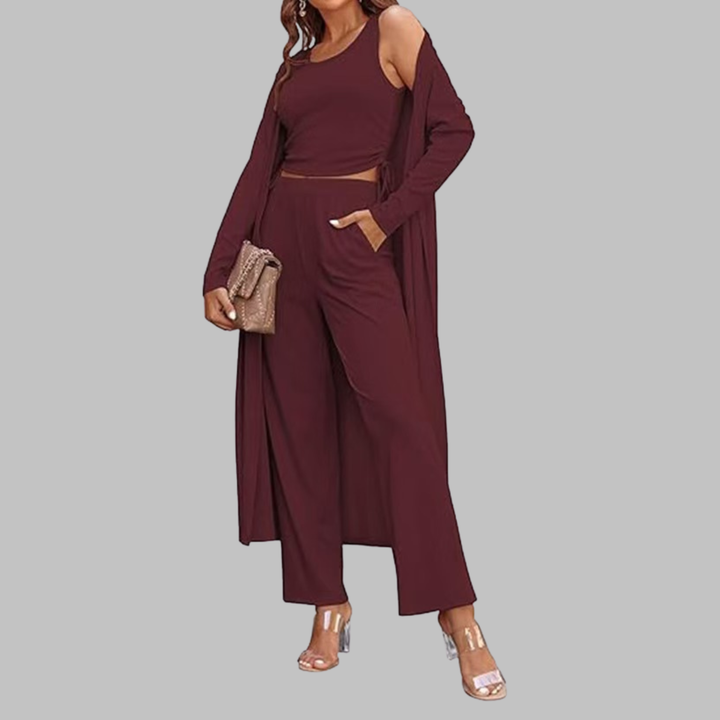 SANORA™ - Casual Lightweight Three Piece Long Cardigan Drawstring Top and Pants Sleepwear - Maison Léa &amp; Lou