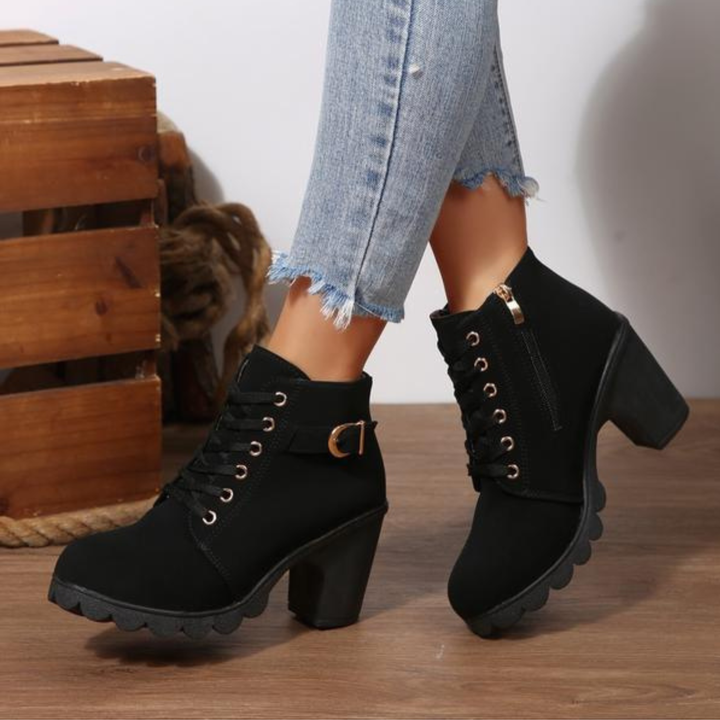 KATNI™ - Chic Lace-Up Metal Buckle Chunky Ankle Boots - Maison Léa &amp; Lou