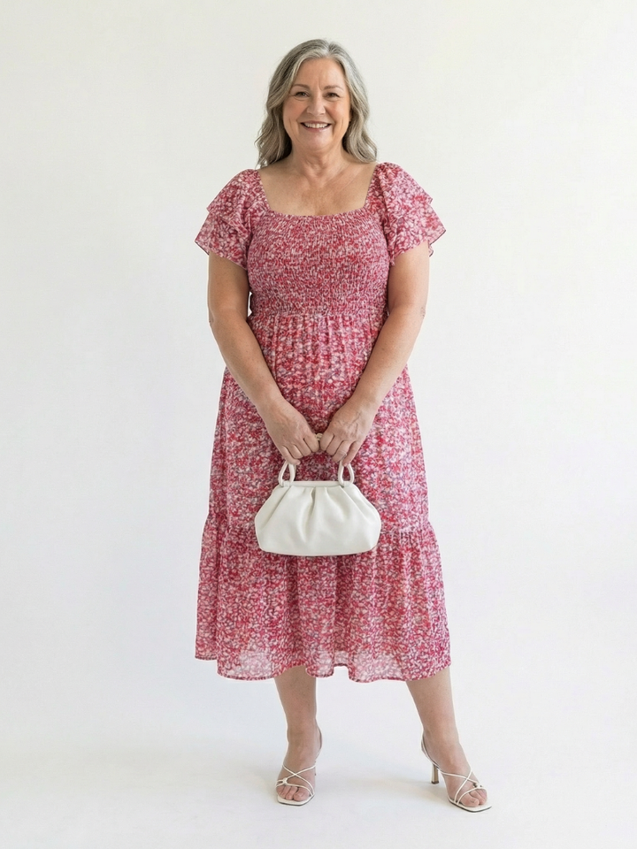 Odette | Off Shoulder Floral Smocked Midi Dress - Maison Léa &amp; Lou