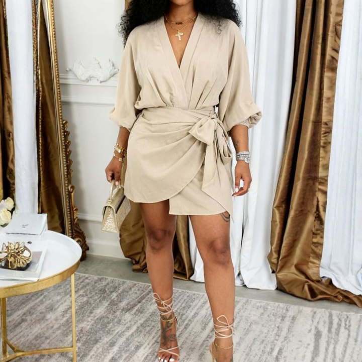 JEIYA™ - Chic Plain Side Tie Wrap V-Neck Bishop Party Mini Dress - Maison Léa &amp; Lou