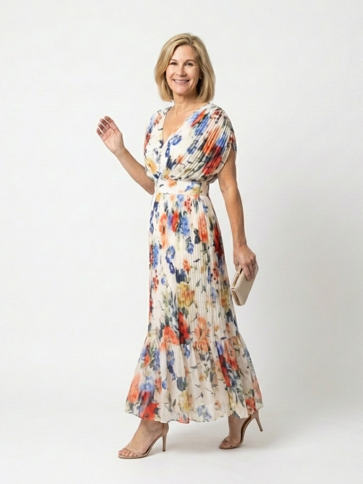 Savannah | Short Sleeve Pleated Floral Midi Dress - Maison Léa &amp; Lou