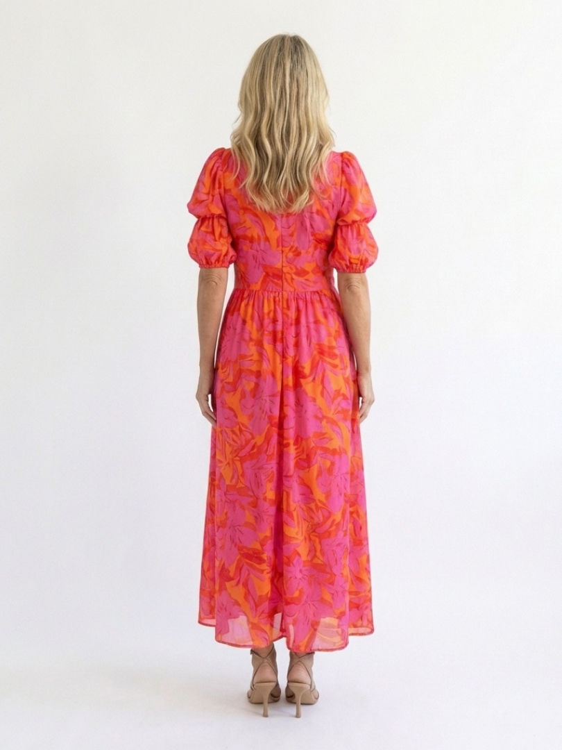 Willow | Floral V Neck Puff Sleeve Midi Dress - Maison Léa &amp; Lou