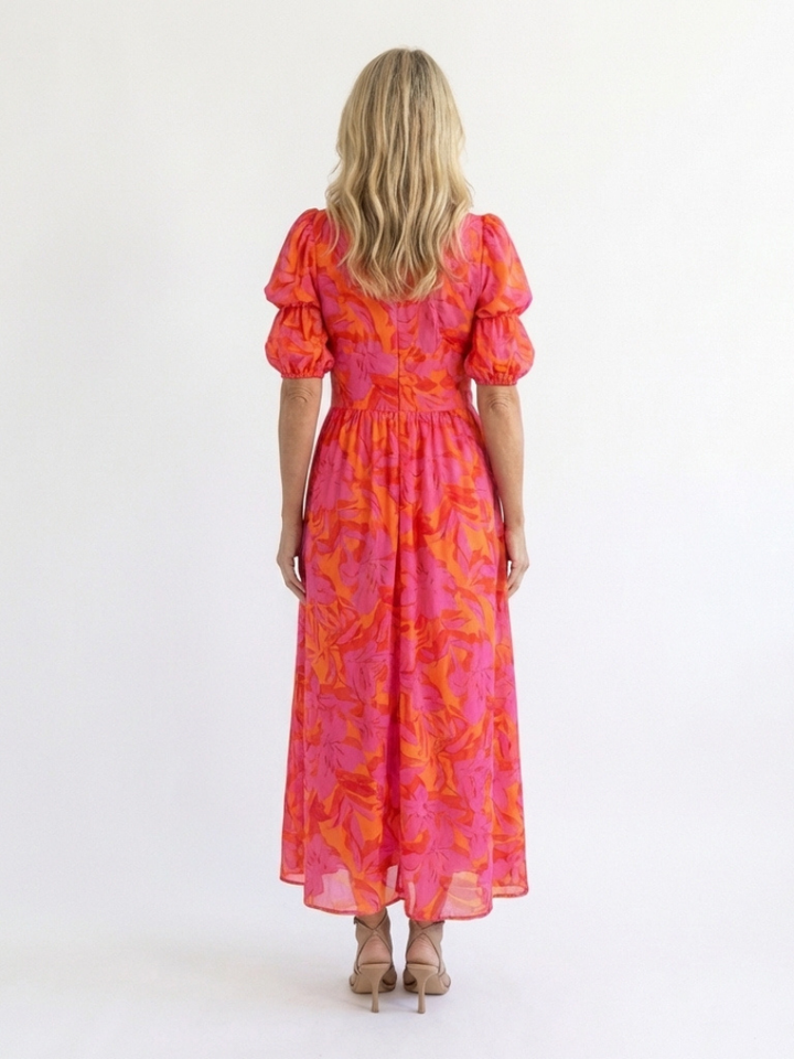 Willow | Floral V Neck Puff Sleeve Midi Dress - Maison Léa &amp; Lou