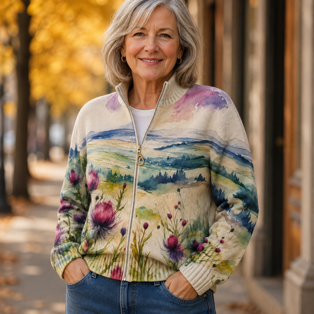 Zelda™ | Scottish Thistle Landscape Zip Cardigan - Maison Léa & Lou