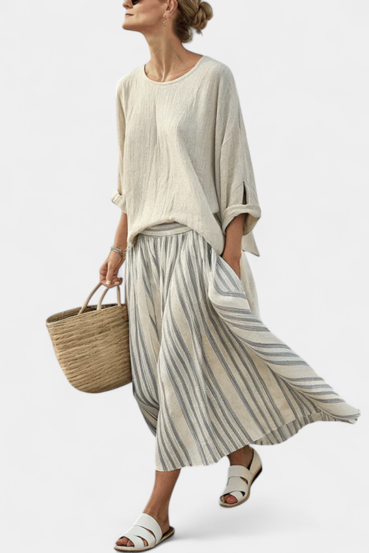 Aurcyn | Comfortable Loose Blouse & Striped Midi Skirt - Maison Léa & Lou