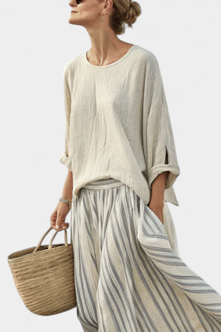 Aurcyn | Comfortable Loose Blouse &amp; Striped Midi Skirt - Maison Léa &amp; Lou
