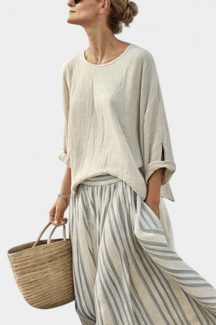 Aurcyn | Comfortable Loose Blouse &amp; Striped Midi Skirt - Maison Léa &amp; Lou