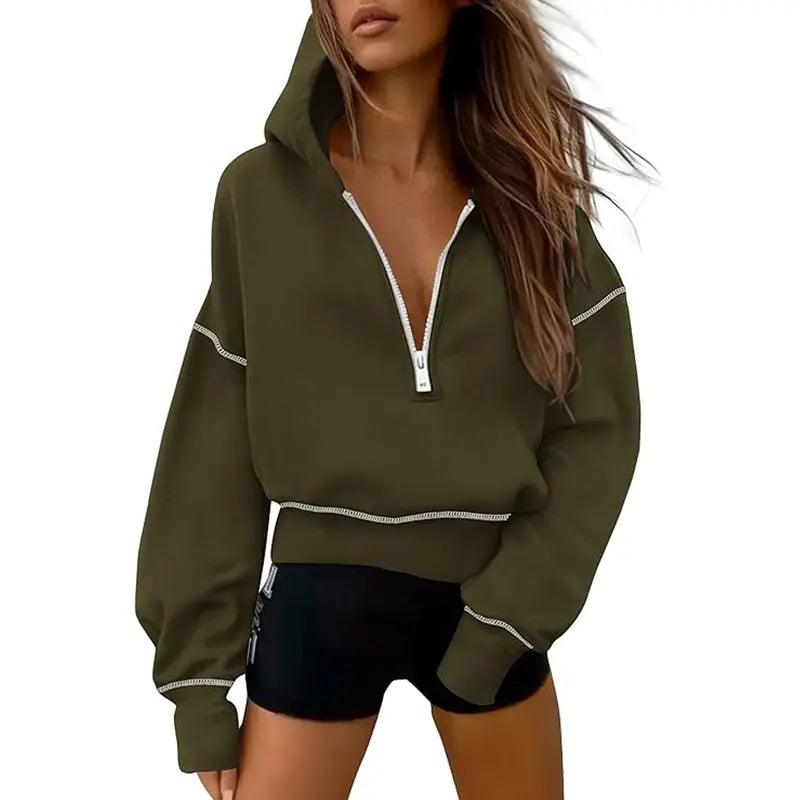 GRETEL™ - Stylish Hooded Sweatshirt with Zipper &amp; Stitching Detail for Cropped Pullover