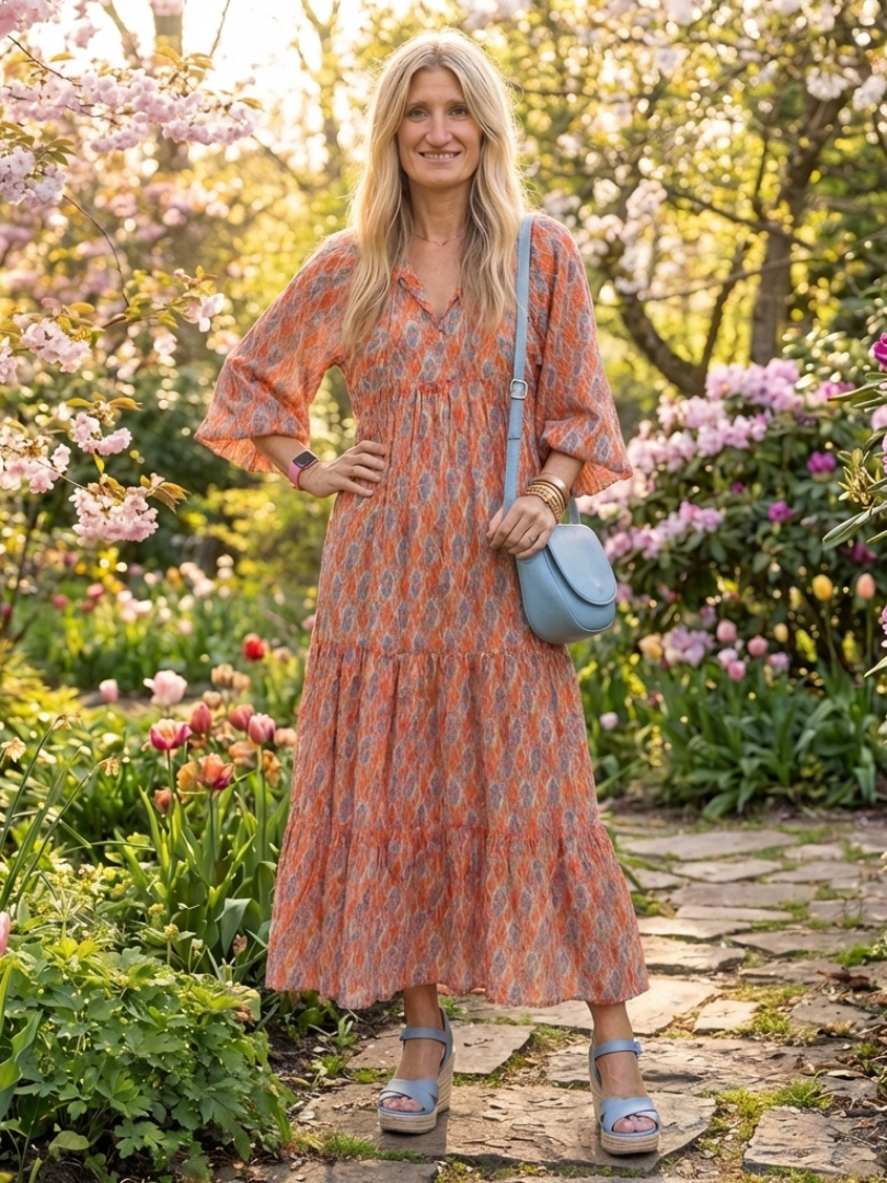 AMARA | GEOMETRIC PRINT V NECK TIERED MIDI DRESS - Maison Léa &amp; Lou