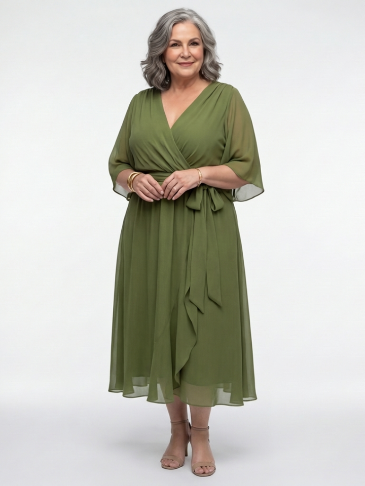 Elysia | V Neck Draped Waist Tie Midi Dress - Maison Léa &amp; Lou