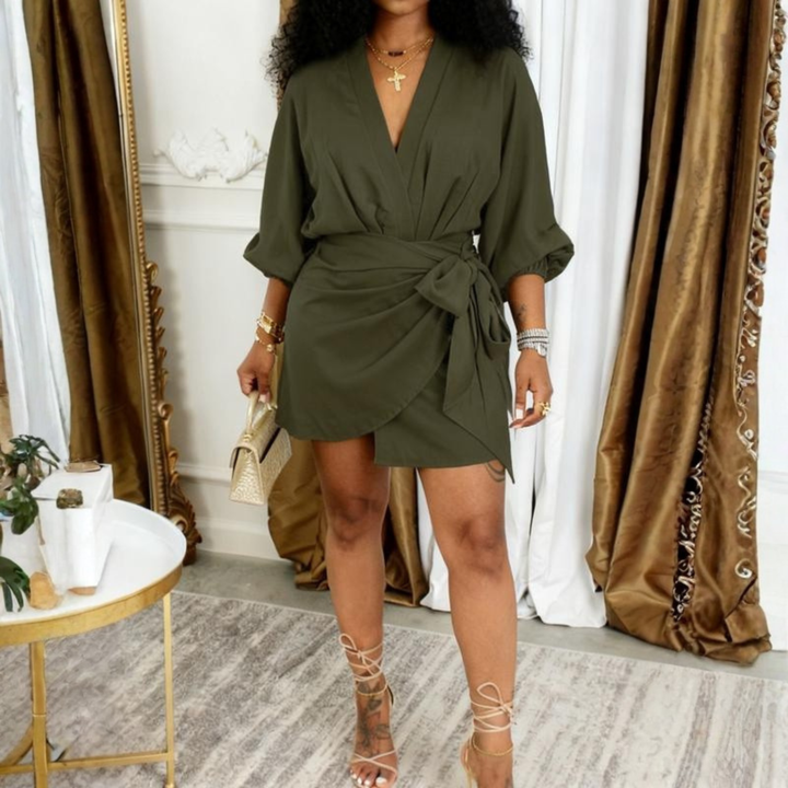 JEIYA™ - Chic Plain Side Tie Wrap V-Neck Bishop Party Mini Dress - Maison Léa &amp; Lou