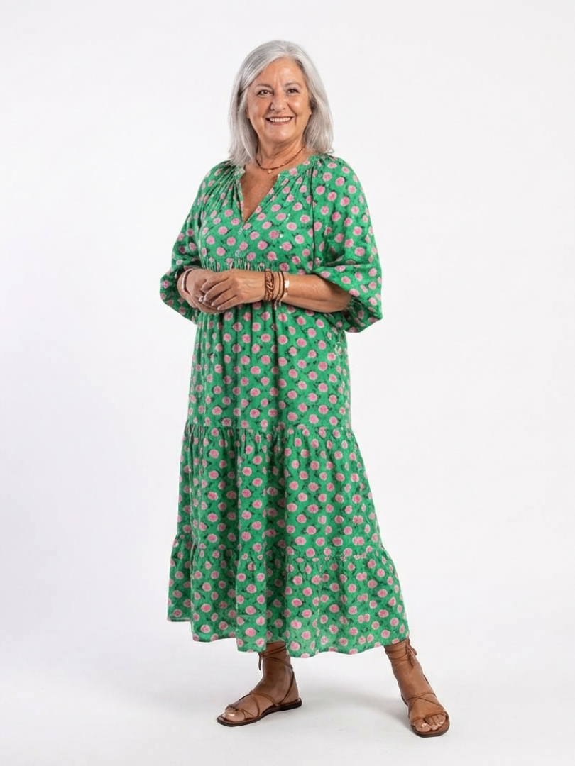 FIORA | FLORAL PRINT V NECK TIERED MIDI DRESS - Maison Léa &amp; Lou