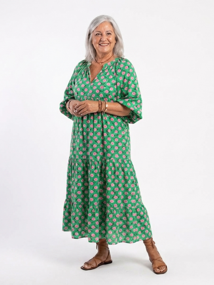 FIORA | FLORAL PRINT V NECK TIERED MIDI DRESS - Maison Léa &amp; Lou