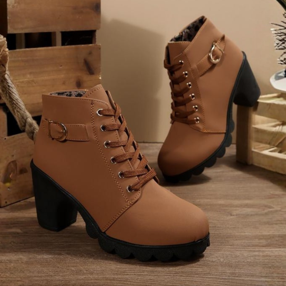 KATNI™ - Chic Lace-Up Metal Buckle Chunky Ankle Boots - Maison Léa & Lou