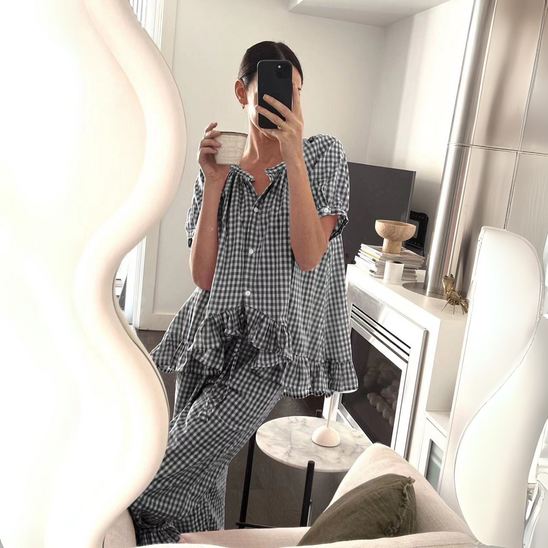 NEVERLAND™ - Casual Plaid Puff Sleeve Top and Pants Set - Maison Léa &amp; Lou