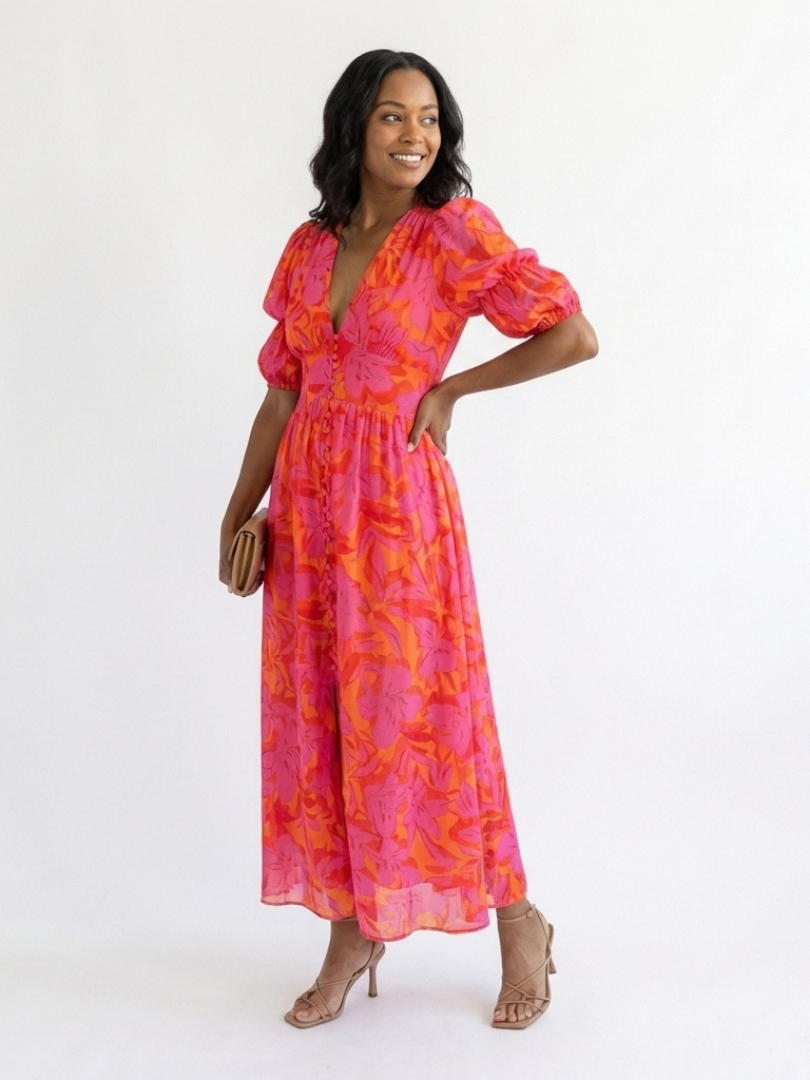 Willow | Floral V Neck Puff Sleeve Midi Dress - Maison Léa &amp; Lou