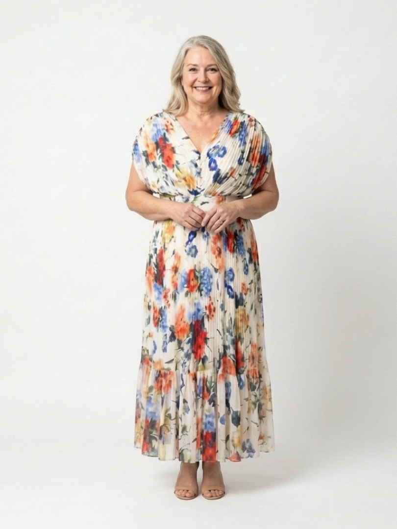 Savannah | Short Sleeve Pleated Floral Midi Dress - Maison Léa &amp; Lou