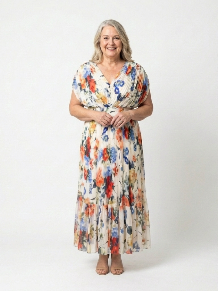 Savannah | Short Sleeve Pleated Floral Midi Dress - Maison Léa &amp; Lou