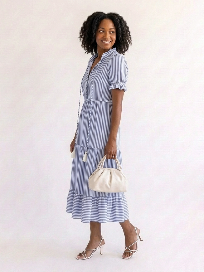 Dakota | Short Sleeve Striped Tiered Midi Dress - Maison Léa &amp; Lou